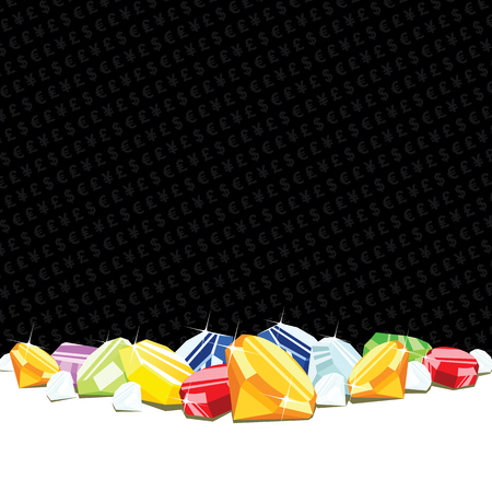 Heap of diamonds and gemstones gambling background with playing card suits. EPS8 vector illustration.のイラスト素材