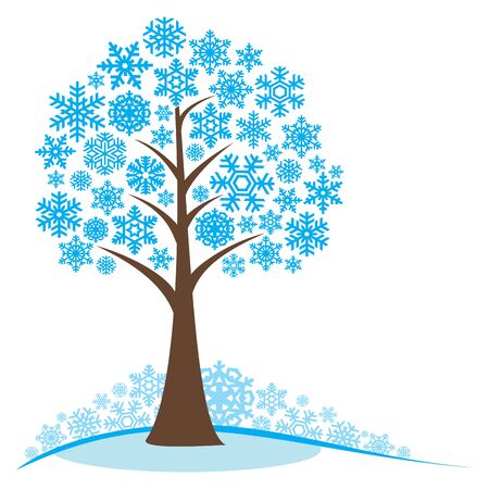 Winter tree with snowflakes. Concept winter tree. Stylized frozen winter tree. Isolated on white background.  vector illustration.のイラスト素材
