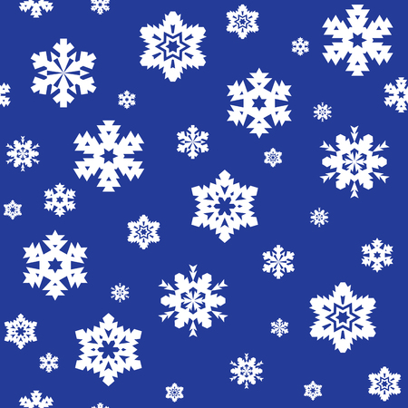 Seamless pattern of white snowflakes on blue background. Snowfall stylized wrapping texture. Winter repeating backdrop. Falling snow vector illustration in eps8.のイラスト素材