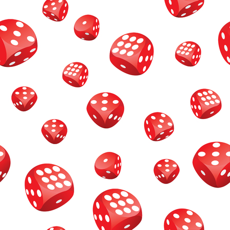 Seamless pattern of red gambling dices in motion randomly placed on white background. Adobe Illustrator EPS8 file.のイラスト素材