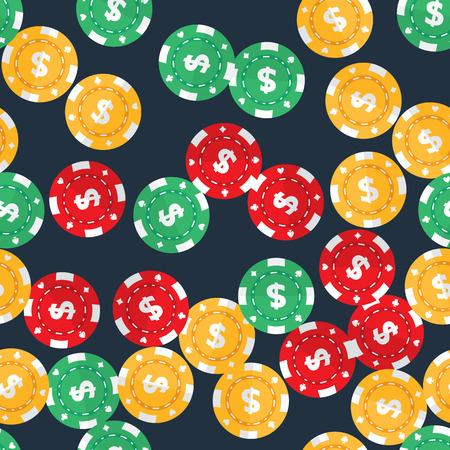 Casino gambling chips randomly placed over dark solid background. Vector seamless pattern. Repeating texture in EPS8 format.のイラスト素材