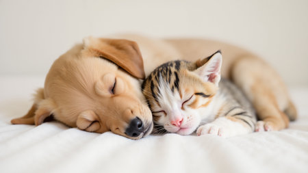 An adorable puppy and kitten sleep side by side on a soft blanket, creating a heartwarming and peaceful scene that embodies friendship and comfort.の素材