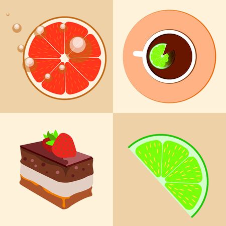 Set of vector tea, cake and slices of lemon flat logo icons. Abstract concept for bar or cafe menu, organic productのイラスト素材