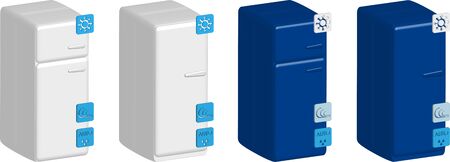 set of color household refrigerators in realistic 3D style, isolated on a transparent background, icons with designation of functionsのイラスト素材