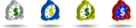 set of multi-colored alarm clocks in 3D style with us dollar sign on a transparent background
