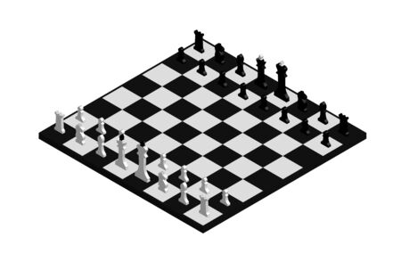 isometric, black and white chessboard with pieces. Isolated vector on white backgroundのイラスト素材