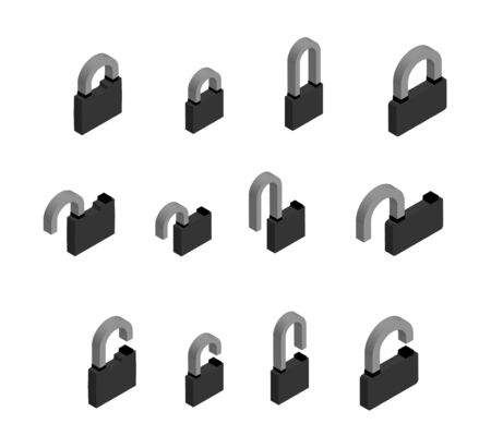 set of locks in open and closed position in isometric on a white background. Isolated vectorのイラスト素材