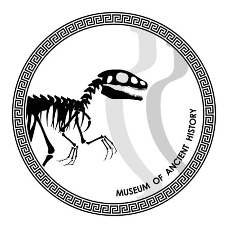 signboard of the museum of ancient history with Greek ornament and dinosaur skeleton. Minimalist style, isolated vector on transparent backgroundのイラスト素材