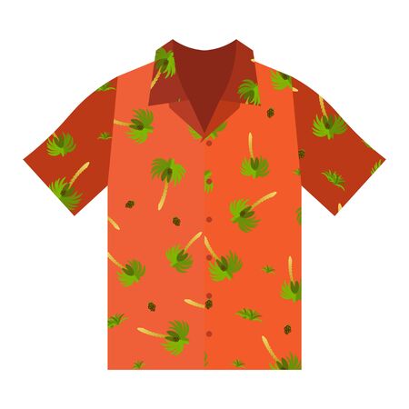 Short-sleeved summer shirt in orange. Ornament of palm trees and coconuts. Summer clothes. Isolated vector on white backgroundのイラスト素材