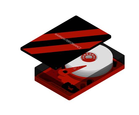 Isometric hard drive with an open cover in red and black, maximum performance. Internal...