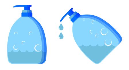 blue icon. Bottle, tube with liquid soap. Disinfection and prevention, prevention of infection by bacteria and viruses. Vector on a white backgroundのイラスト素材