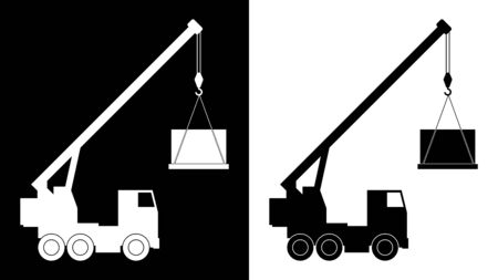 Icon, construction crane with a load. Black white isolated vectorのイラスト素材