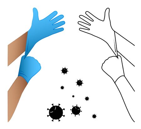 doctor puts latex gloves on his hands. Protecting health from harmful pathogens and substances. Prevention of the spread of disease. Isolated vectorのイラスト素材