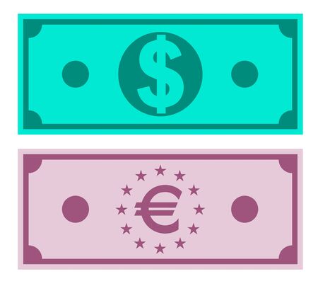 Sketchy color image of dollar and euro bills. Isolated vector on white backgroundのイラスト素材