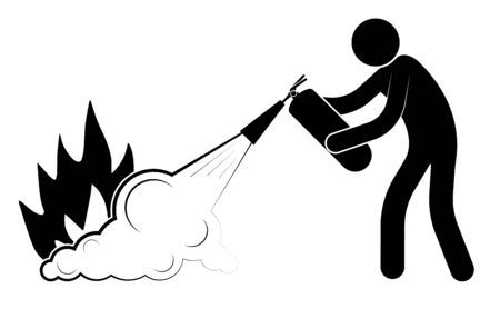 man puts out a fire from a fire extinguisher. Emergency actions. Dangerous professions. Isolated vector on white backgroundのイラスト素材