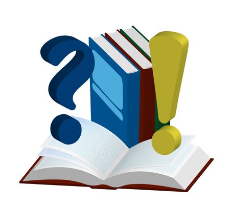School 3D illustration, icon. Open and closed isometric books with question and exclamation marks. Template or layout for design. Isolated vector on white backgroundのイラスト素材
