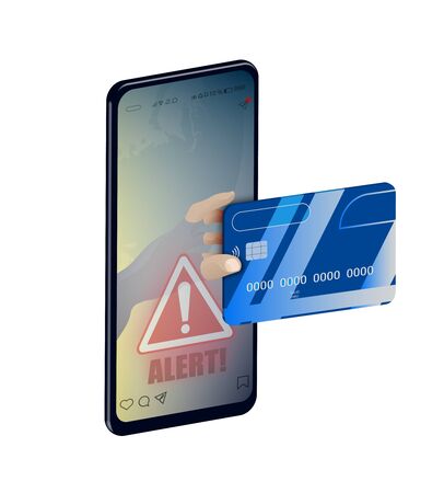 concept of cyber crime, theft of data and money online. The safety of information on the Internet. A hand reaches out from a smartphone to steal a credit cardのイラスト素材