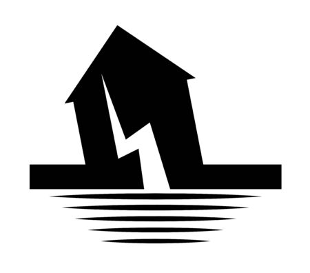 Earthquake shocks. Black white sign of a falling building. Increased seismic activity. Isolated vector on white backgroundのイラスト素材