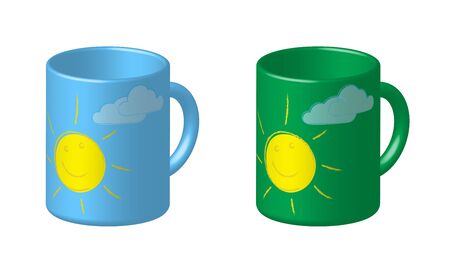 bright fun mug for morning coffee or cocoa. Maintain good mood for the whole day. Childrens drawing of smiling sun. Isolated vector on white backgroundのイラスト素材