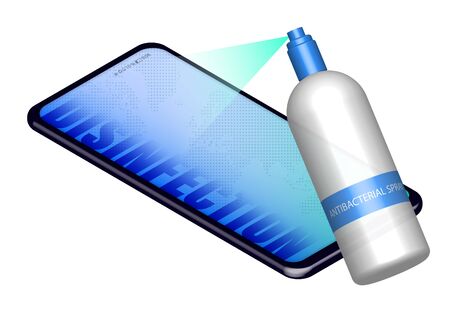 concept, smartphone screen is treated with sanitizer spray. Prevention of the spread of infection. Fighting viruses and bacteria. Vector on a white backgroundのイラスト素材