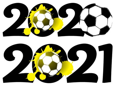 2020 and 2021 in bright football style with a soccer ball and yellow blot. Sports design element. Vector on white backgroundのイラスト素材