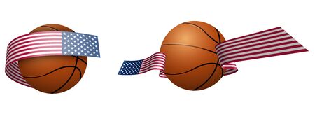 balls for basketball in ribbons with the colors of American flag. Design element for basketball competitions. USA national team. Isolated vector on white backgroundのイラスト素材