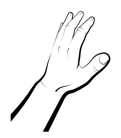 human hand indicates the direction of movement. Gesture takes, reaches for the subject, covers with a palm. Isolated vector on white backgroundのイラスト素材