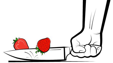 mans hand cuts a ripe juicy strawberry with a knife. Preparation of vitamin cocktails. Vegetarian food. Banner, poster. Bright summer design element on white backgroundのイラスト素材