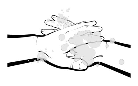 man washes his hands on top, palms with colored soap. Compliance with hygiene, precautionary measures during a pandemic and in everyday life. Isolated vector on white backgroundのイラスト素材