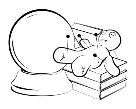 Witchcraft items are on the table. Crystal ball, voodoo doll and spell books. Prediction of the future, astrology. Isolated vector on white backgroundのイラスト素材