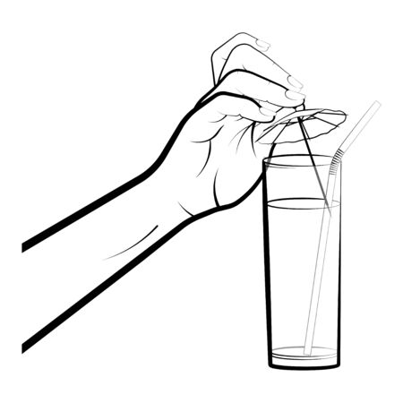 female hand takes out a small cocktail umbrella from a glass with a drink. Cocktails, alcoholic drinks, illustrations for the cafe, restaurant menu. Isolated vector on white backgroundのイラスト素材