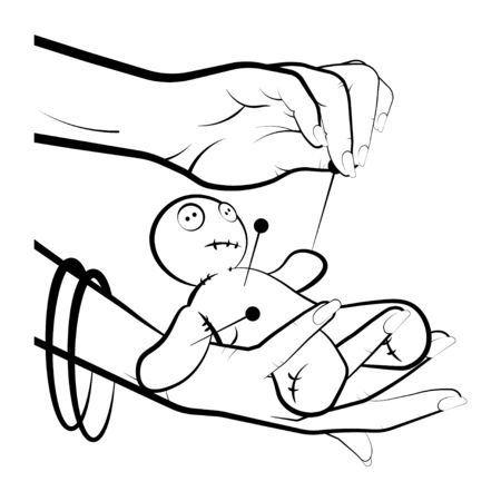 sorceress sticks needles into a voodoo doll. Items for witchcraft. Prediction of the future, astrology. Isolated vector on white backgroundのイラスト素材