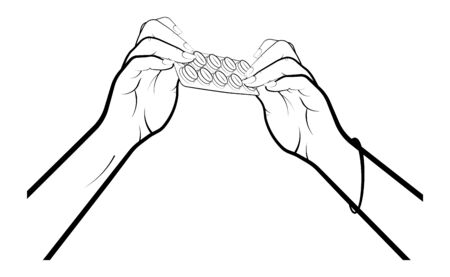 female hands take a pill from the plate. Health and disease treatment. Isolated vector on white backgroundのイラスト素材