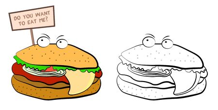 insidious angry burger in cartoon style with a sign DO YOU WANT TO EAT ME. The harm of fast food and convenience foods. Vector on a white backgroundのイラスト素材