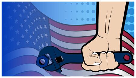 mans hand holds a big wrench on the background of the American flag. USA Labor Day, comic book style illustration. Vectorのイラスト素材