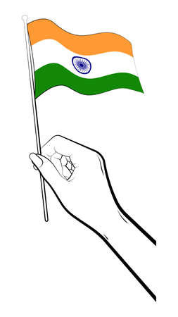 Indian Independence Day. Female hand gently holds the small flag of India with her fingers. Holiday design element. Vector on a white backgroundのイラスト素材