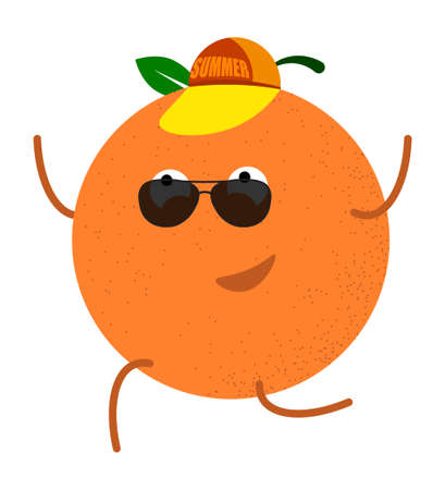 cheerful orange in a baseball cap with the inscription SUMMER runs to the sea. Summer holidays on the ocean. Vector in cartoon styleのイラスト素材