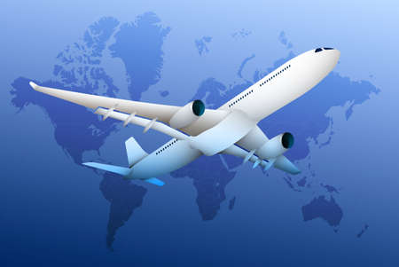 plane, realistic airliner on the background of continents and continents of globe. Travel and...