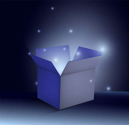 Magic glowing cardboard box with bright light inside. Opened gift container. Festive vectorのイラスト素材