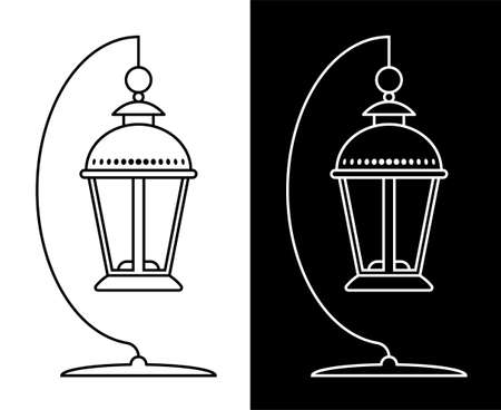 Icon. Street lamp with a candle on a stand. Lanterns and lighting for the holidays. Black and white vectorのイラスト素材