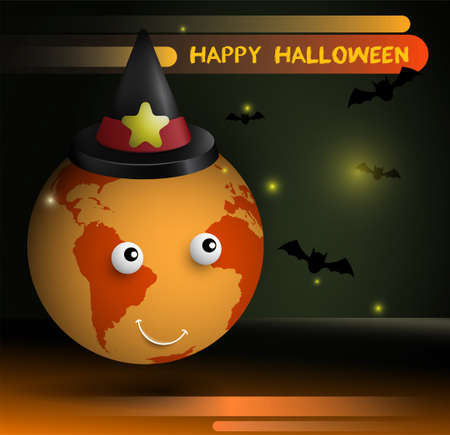 Joyful planet earth in wizard hat celebrates Halloween. Bats and fireflies are flying around. Atmosphere of celebration and witchcraft. Vectorのイラスト素材