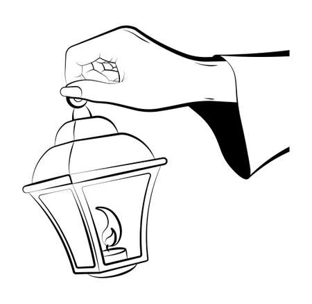 female hand of sorceress holds a lantern with burning candles inside. Celebration of Halloween in fancy dress. Magic and witchcraft, rituals. Black and white vectorのイラスト素材