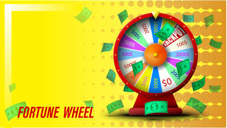 wheel of fortune, jackpot, main prize. Unexpected luck, casino games and gambling. Spin the roulette, try your luck. Dollar bills are flying in air. Background for banner or online kozino. Vectorのイラスト素材