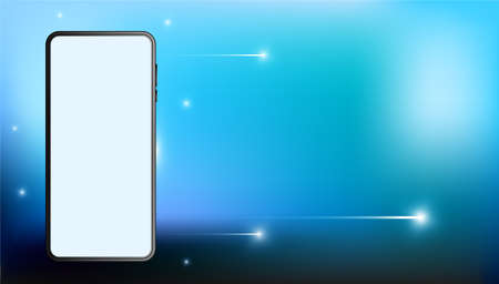 Realistic smartphone mockup with blank screen on blue with bright flashes. Template for infographic...