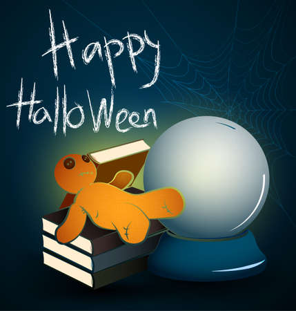 Halloween party background. Original greeting holiday card with items of sorcerer on table and spidre web. Template for design.のイラスト素材