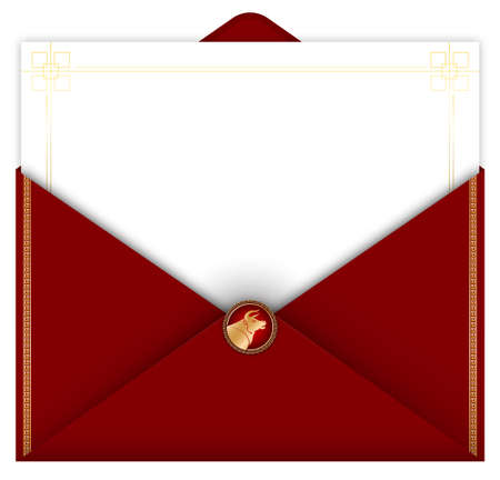 2021 year of the ox, greeting card in red envelope for Chinese new year. Free space for text. Copy space. Realistic vector on white backgroundのイラスト素材