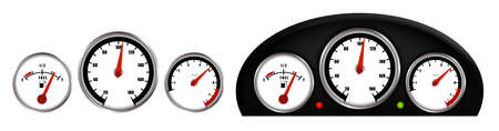 Car gauges, speedometer, tachometer, fuel level gauge. Car dashboard. Realistic vector on white...