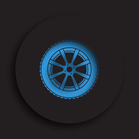 wheel with tire and winter rubber tread in neomorphism style on dark background. Winter tires for car. Driving on slippery road. Driving safety. Vectorのイラスト素材