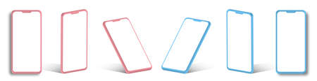 Smartphone frame with blank display. Telephones from different angles. Mockup for mobile application. Realistic vector in bright colorsのイラスト素材