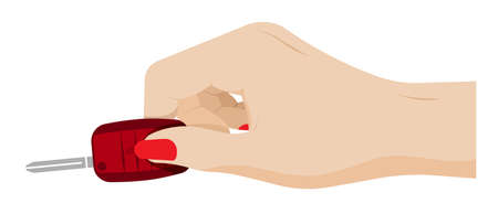 woman hand holds folding car key with remote control. Car alarm, key fob. Cartoon vectorのイラスト素材